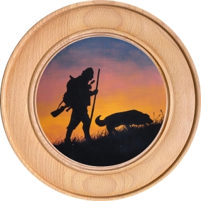 Schützenscheibe, Ehrenscheibe Jäger mit Hund bei Sonnenuntergang